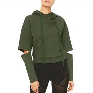 ALO YOGA Peak Off the Grid Cutout hoodie in Olive Green. Size XS.